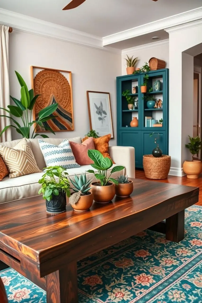 A staged lounge with plants and a teal cabinet